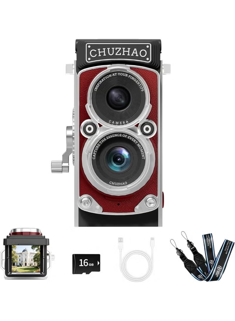ZONBON CHUZHAO Vintage Mini Digital Camera, Portable TLR Style Retro Point and Shoot Compact Small Pocket 1080P FHD Video 12MP Autofocus Vlogging Camera with 16 GB Card for Beginners Teens Adults Red - Image 1